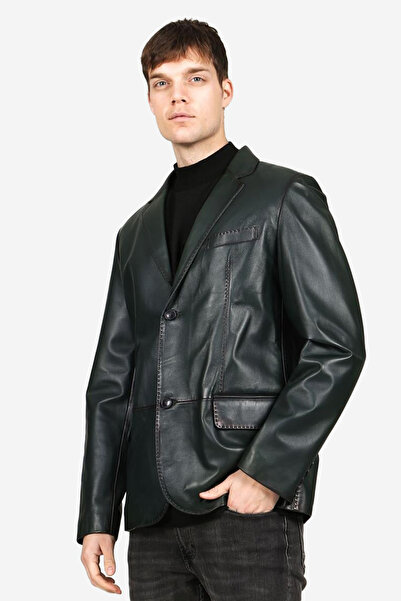 Dericlub سترة فينيسيا للرجال ذات طية صدر مزدوجة الصدر من الجلد الطبيعي باللون...