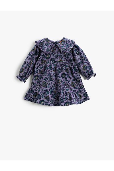 Koton Dress Wide Doll Collar Ruffles Floral Long Sleeve Cuffs Elastic