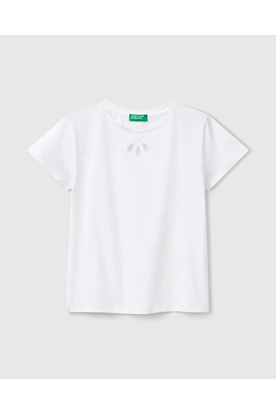 United Colors of Benetton Бяла тениска за момиче с изрязан отпред детайл от б...