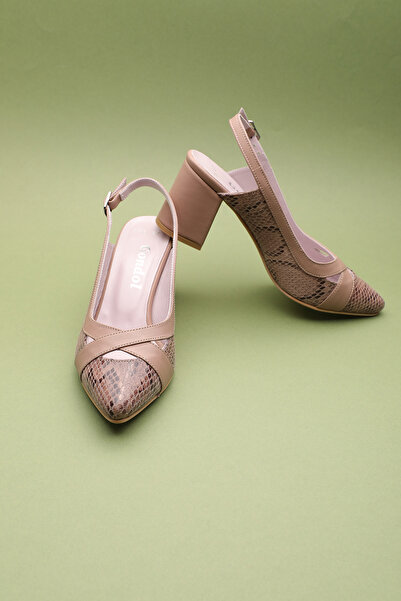 Gondol Hakiki Deri Yılan Desen Ayrıntılı Topuklu Ayakkabı Şhn.0738