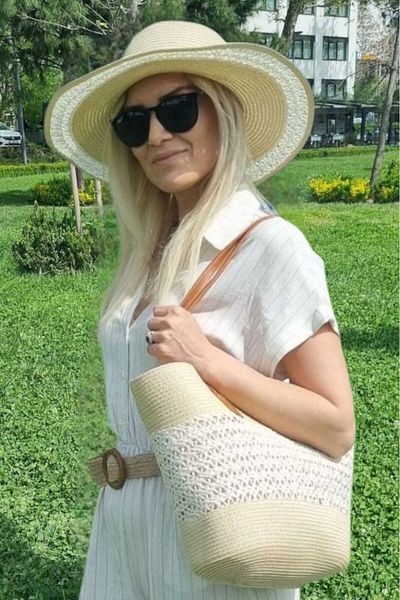 Mood Agenda Women's Knitted Patterned Straw Summer Beach Hat and Shoulder Bag Set of 2