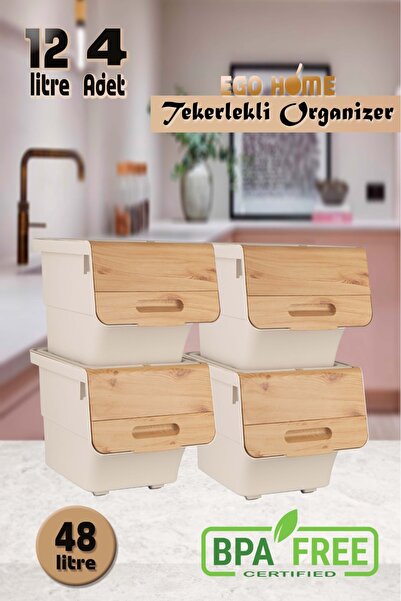 ego home 4lü Bambu Renk Tekerlekli Patateslik Soğanlık Sebzelik Oyuncak Kutus...