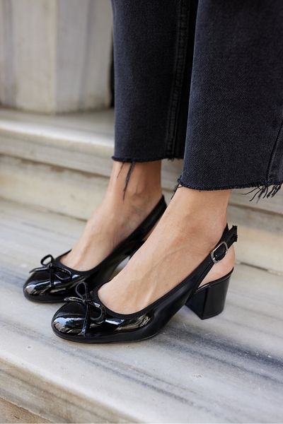 ANGELİNA JONES Dorado Women's Black Patent Leather Thick Heel Slingback Shoes