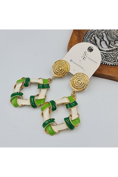 SE Jewellery Collection Selin Ersoy Green and White Enamel Dangle Earrings – Gold Color, Stylish and Dynamic Design (7.3 X 3.9 cm)
