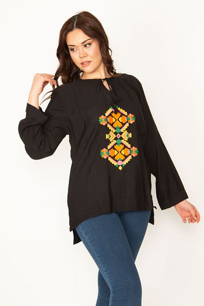 Şans Women's Plus Size Black Embroidery Detailed Collar Lace Up Blouse 65n32416