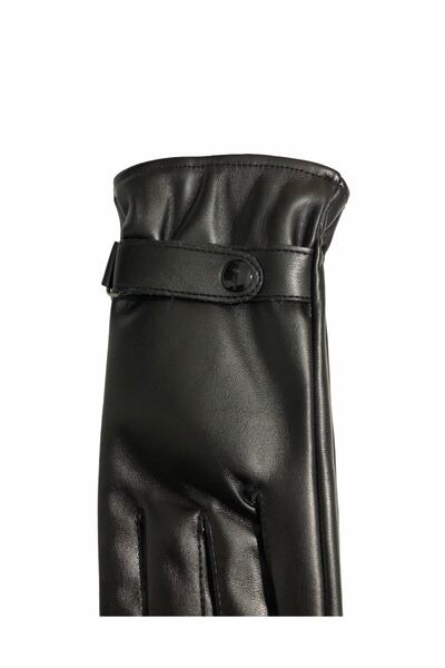 Nacar Kadın Kemer Düğme Detaylı İçi Peluş Yumuşak Suni Deri Eldiven