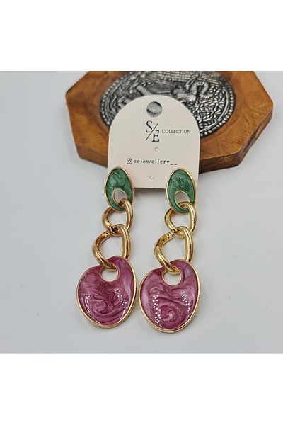 SE Jewellery Collection Selin Ersoy Chain Ring and Colorful Enamel Dangle Earrings – Rose Gold, Stylish Design (6.6 X 2 cm)