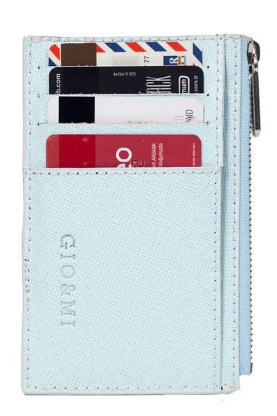 gio&mi Glorya Genuine Leather Coin Compartment Zippered Men's Blue Card Holder Wallet