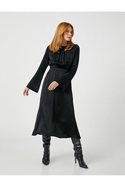 Koton Silk Look Μακρύ Φόρεμα με στρογγυλή λαιμόκοψη και μακρύ μανίκι