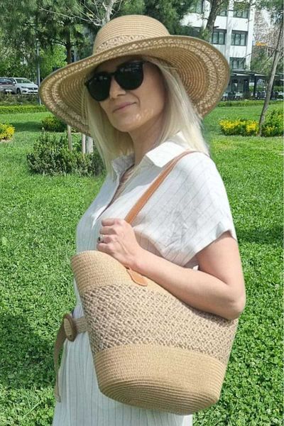 Uniquetrenders Women's Knitted Patterned Straw Summer Beach Hat and Shoulder Bag Set of 2