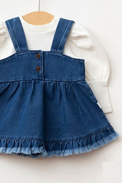 Cantoy Kız Bebek Püsküllü Kot Jile Elbise Balon Bluz Lüks Jean Takım