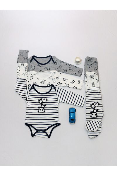 Pırlanta baby Baby 6-Piece Romper and Bottom Set - 100% Cotton Panda Patterned for Baby Boy and Girl 0 to 9 Months