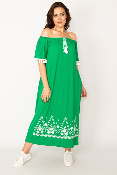 Şans Women's Large Size Green Karmen Collar Long Dress with Embroidery and Tassel Detail 65n33437