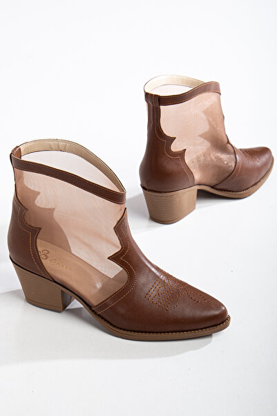 MS SUGAR SHOES Yazlık Taba Cilt Kadın Şeffaf Detaylı Topuklu Kovboy Ayakkabı