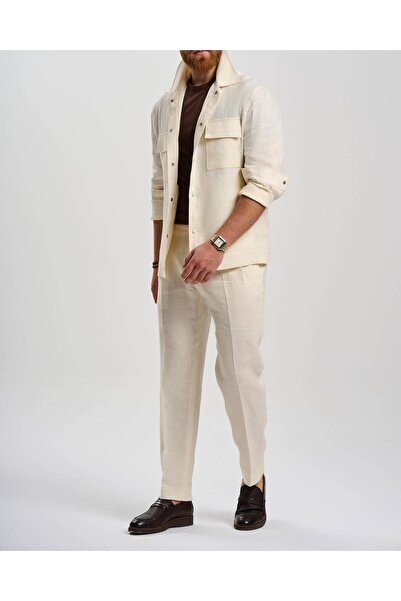 TerziAdemAltun Palton slim fit în stil italian din amestec de in alb T13622