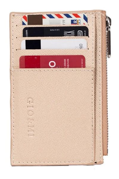 gio&mi Glorya Genuine Leather Women's Beige Card Holder Wallet with Coin Compartment Zipper