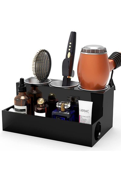 Generic Hair Tool Organizer, Acrylic Holder For Blow Dryer, Styling Tools, Flat Irons, Black Countertop