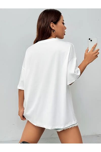 MODARİCH Love Heart T-Shirt - White Printed Oversize Crew Neck Short Sleeve Loose