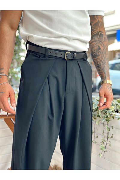 manch collection Pantaloni largi din țesătură cu pliuri în cruce negri