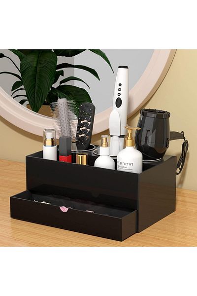Generic Hair Tool Organizer, Black Acrylic Hair Dryer & Styling Organizer With Drawer, Vanity Storage