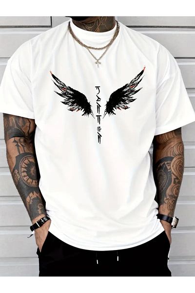 MODARİCH Angel Wings T-Shirt - White Printed Oversize Crew Neck Short Sleeve Loose