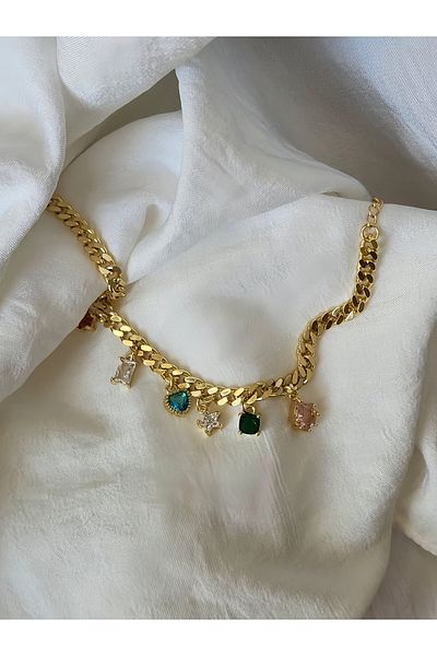 Eva Takı Store Gourmet Model Gold Color Steel Bracelet with Colorful Baguette Figure