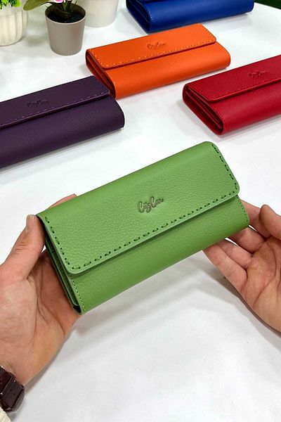 CüzCan Hilton Mint Green Genuine Leather Women's Wallet with Knitted Detail