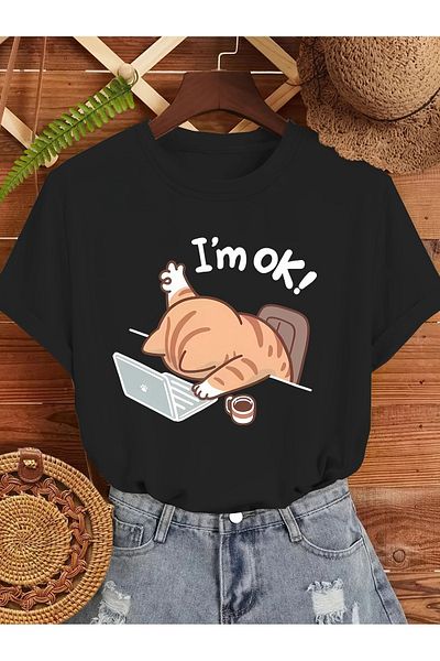 MODARİCH I'M Ok Cat T-Shirt - Black Printed Oversize Crew Neck Short Sleeve Loose