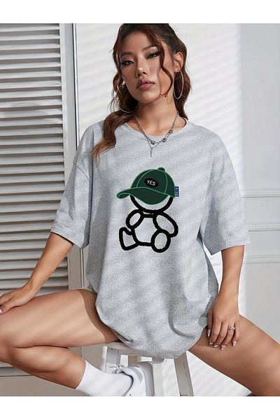 MODARİCH Hat Teddy Bear T-Shirt - Gray Printed Oversize Crew Neck Short Sleeve Loose