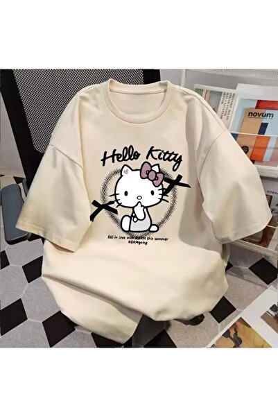 MODARİCH Tricou cu grafic Kitty - Bej imprimat oversize cu mânecă scurtă cu d...