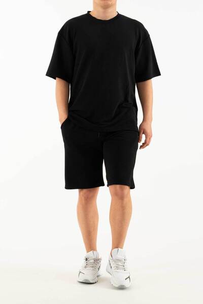 bombe Férfi fekete szett 2 db zsebes nyomott Oversize Comfort kényelmes szabású póló rövidnadrág szett