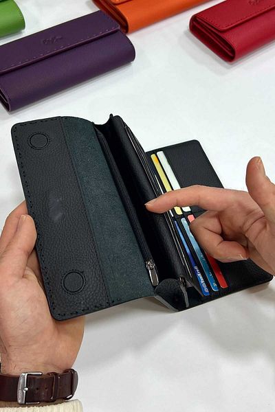 CüzCan Hilton Black Genuine Leather Women's Wallet with Knitted Detail