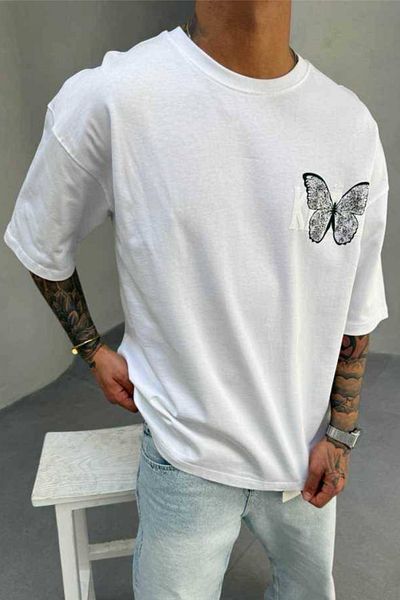 MADZEYMODA Ανδρικό μπλουζάκι Oversize 100% βαμβακερό με λαιμόκοψη με πεταλούδα με στάμπα Mz3007