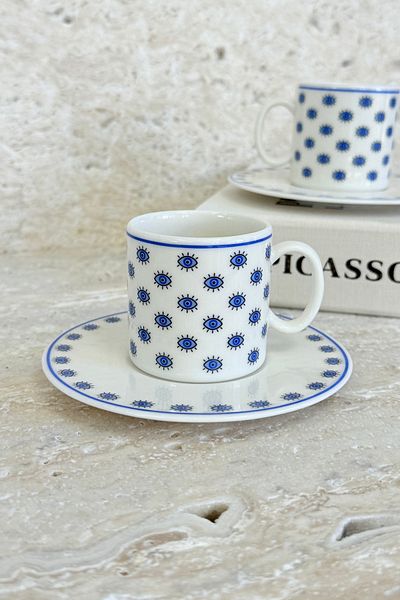 porselenden Evil Eye Bead Premium Porcelain 4 Piece Coffee Cup Set for 2 Persons 90 ml Navy Blue Special Design