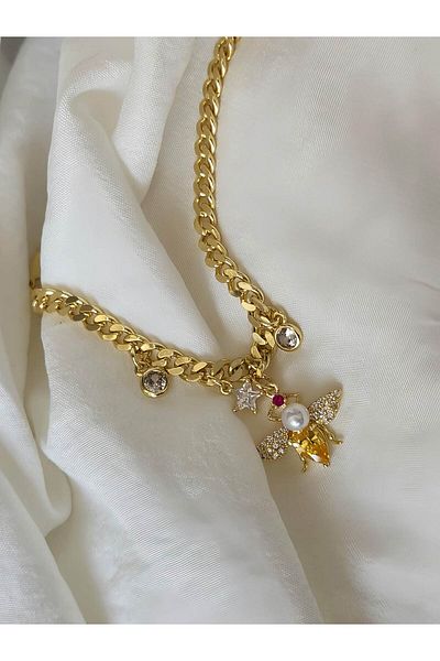 Eva Takı Store Gourmet Model Gold Color Steel Bracelet with Bee Pearl Star Figure
