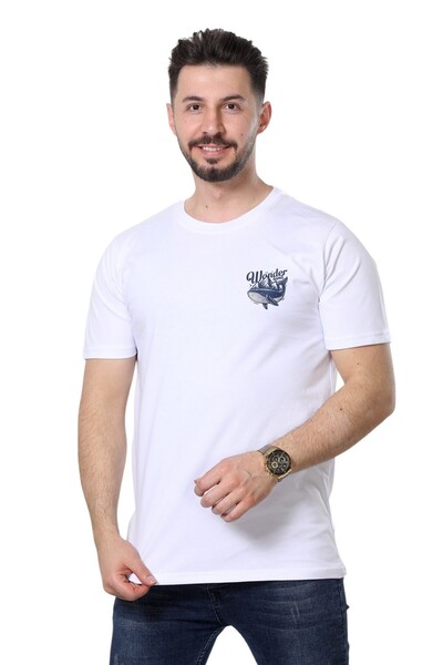 MODA تي شيرت أبيض للرجال مطبوع عليه جبل الحوت والحد الأدنى