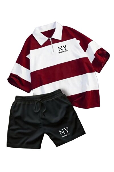 GBRO New Season NY Printed Piece Polo Collar Tshirt-Shorts Set 2 Piece
