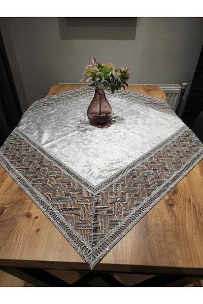 Tekstilife Table Cloth Runner Fiskos Gray Silver Velvet Glitter 93X93