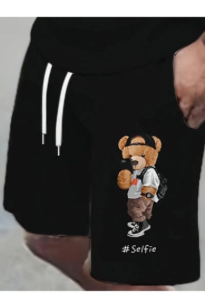 MODARİCH Тениска Selfie Bear Памучни шорти - Черни шорти Тениска с отборен щампа Оувърсайз кръгло деколте