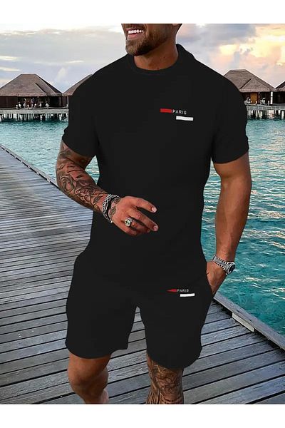 MODARİCH تي شيرت باريس مخطط شورت قطني ممشط - شورت أسود تي شيرت طقم مطبوع برقبة دائرية كبيرة الحجم