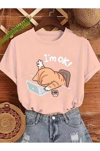MODARİCH I'M Ok Cat T-Shirt - Pink Printed Oversize Crew Neck Short Sleeve Loose