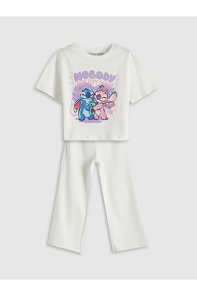 LC Waikiki Ecru Crew Neck Lilo and Stitch Printed Girl's T-Shirt and Sweatpants