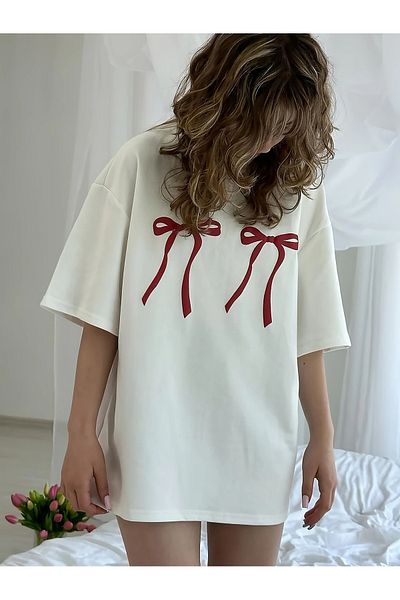 MODARİCH Double Ribbon T-Shirt - White Printed Oversize Crew Neck Short Sleeve Loose