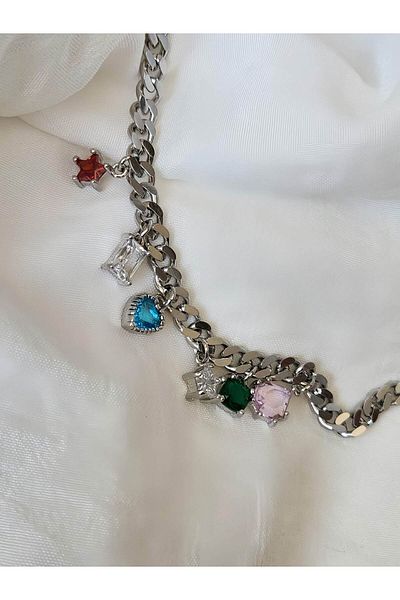 Eva Takı Store Colorful Baguette Gourmet Model Silver Color Steel Bracelet