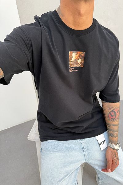 MADZEYMODA Ανδρικό μπλουζάκι Oversize Fit 100% βαμβακερό με λαιμόκοψη μαύρο μπλουζάκι Mz3021