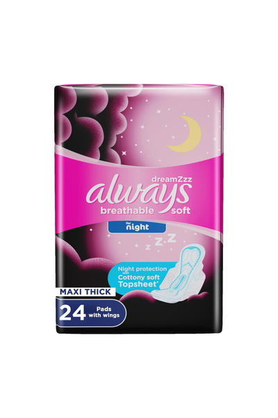 Always فوط صحية ليلية سميكة وناعمة قابلة للتنفس بأجنحة - 24 قطعة، حجم كامل