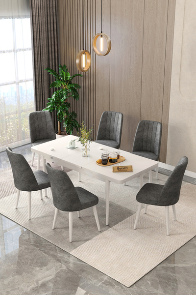 Maholandin Levi serisi 6 Kişilik Açılır Masa Sandalye Takımı Mutfak Masası Ta...