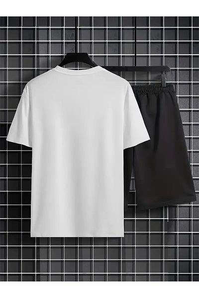 MODARİCH Tricou Balance Stripe Pantaloni scurți din bumbac pieptănat - Pantaloni scurți alb negru Tricou Imprimat cu echipă Oversize Crew Deck