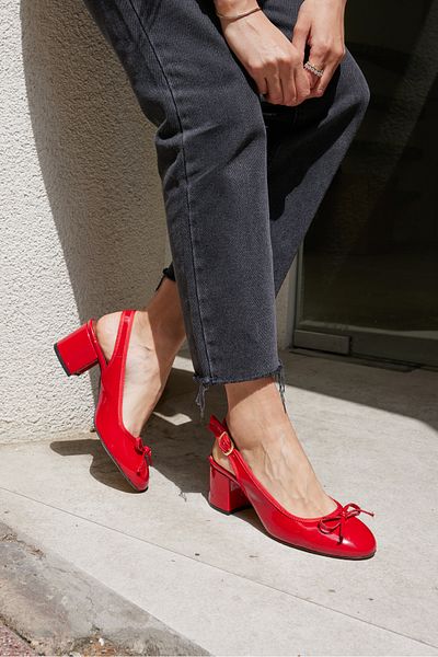 ANGELİNA JONES Dorado Women's Red Patent Leather Thick Heel Slingback Heeled Shoes