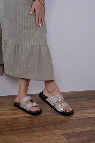 sovrana Two Belted Troped Slippers Beige Suede